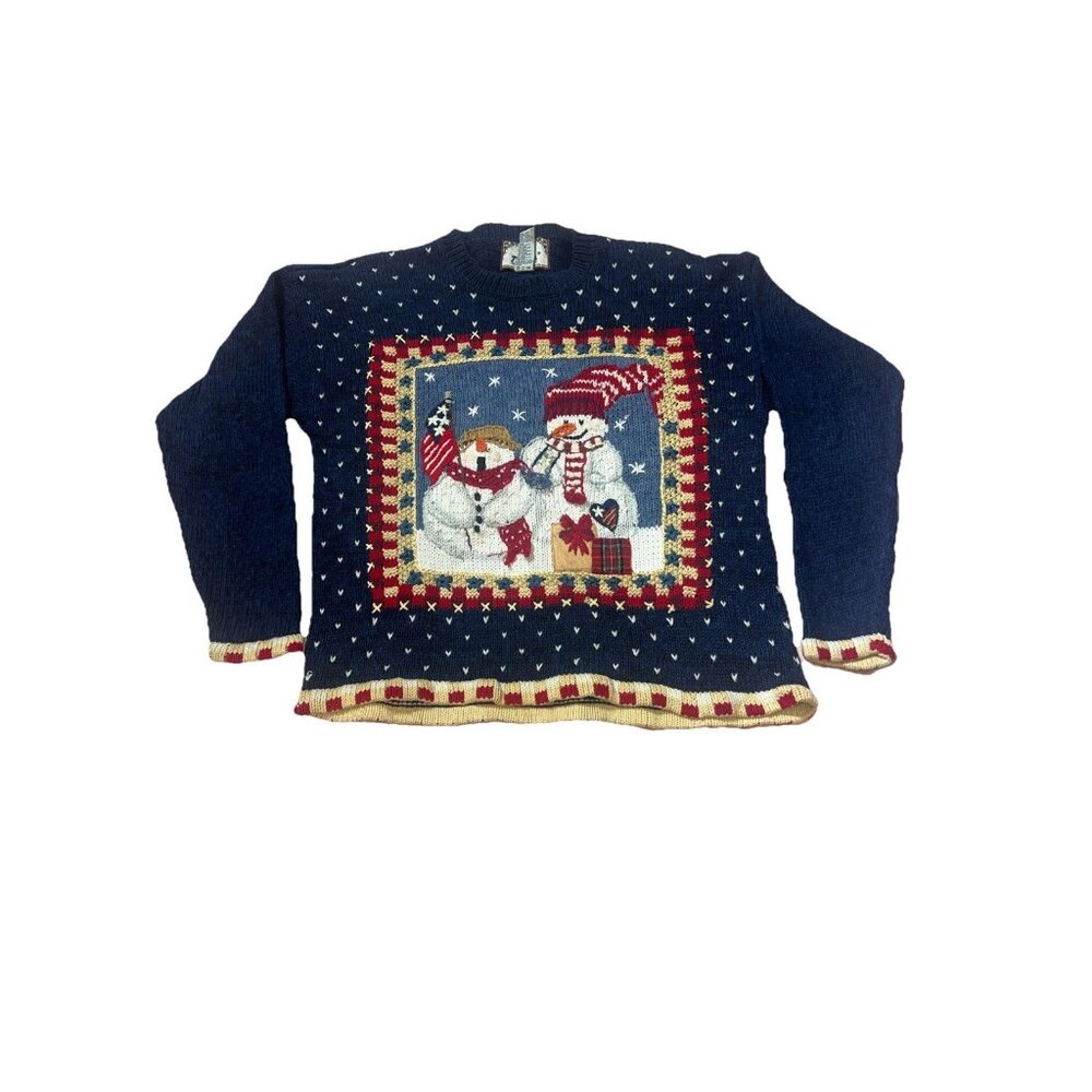 Vintage Tiara International Patriotic Christmas Sweater Knitted Snowman Women’s